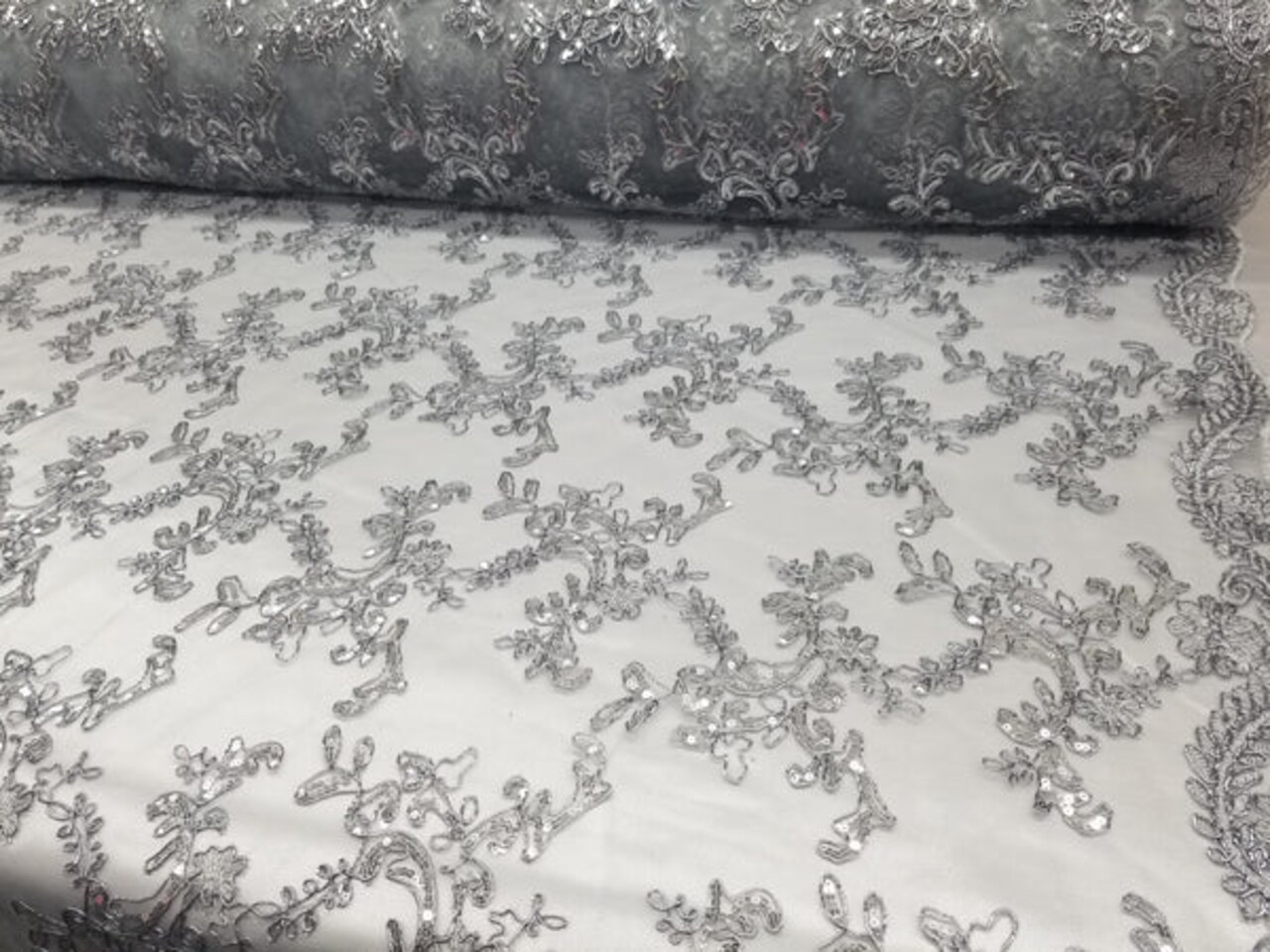 1 Yard Silver Metallic Flowers Sequins Mesh Lace Fabric for Tablecloths and Costumes